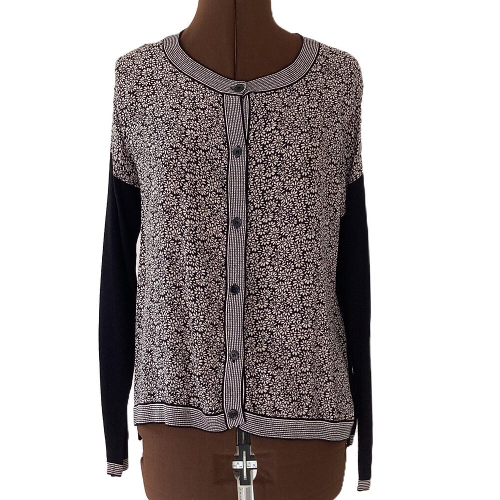 MaxMara Black Wool Cardigan with Silk Floral Front